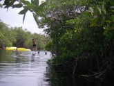 Cenote with man balancing