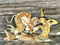 Monkey god trying to protect Vishna's kidnapped wife who disguised herself as a mermaid.